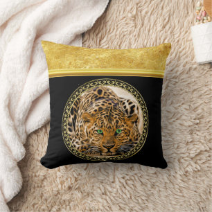 Coussin Léopard vert à peau tachetée feuille d'or