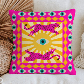 Coussin Léopards roses mauvais œil soleil maximaliste art 