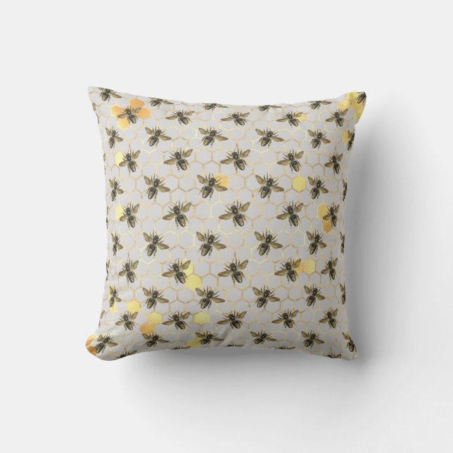 Coussin Les abeilles sur Honeypeb Motif Jaune Gold Grey (Recto)