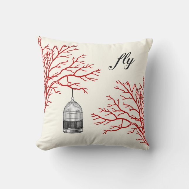 Coussin Les branches rouges de cage à oiseaux vintage (Recto)