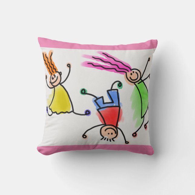 Coussin Les enfants en caricature jettent l'oreiller. (Recto)