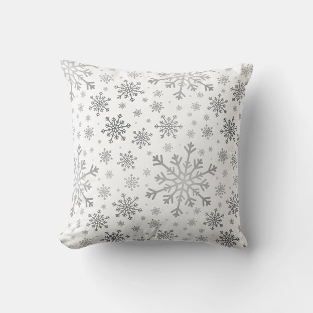 Coussin Les flocons de neige gris argenté de Noël en blanc (Recto)