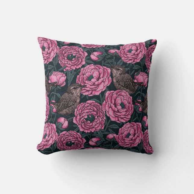 Coussin Les pivoines et les brins sur gris foncé (Recto)
