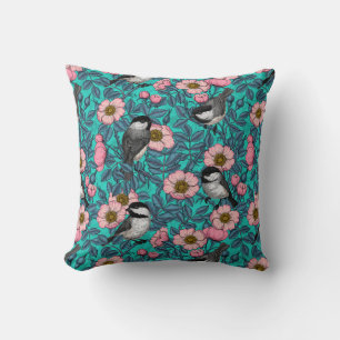 Coussin Les poulets dans la nature rose, rose et bleu