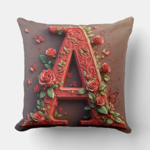 Coussin Lettre A Rouge Élégante Faite de Roses et de Vigne