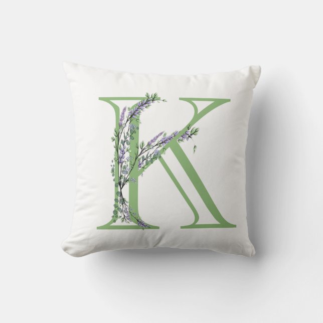 Coussin Lettre alphabétique K aquarelle Lavande Eucalyptus (Recto)
