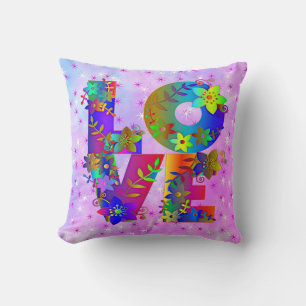 Coussin LETTRE AMOUR MOT Fleurs arc-en-ciel florales