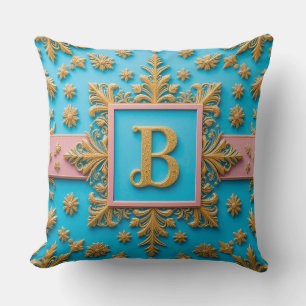 Coussin Lettre B dorée baroque Monogramme bleu Élégance ✨