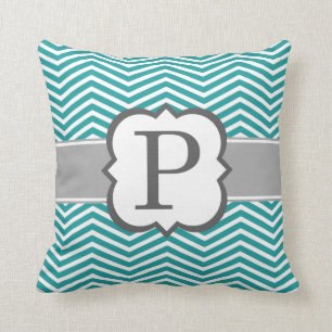 Coussin Lettre blanche turquoise P Chevron de monogramme