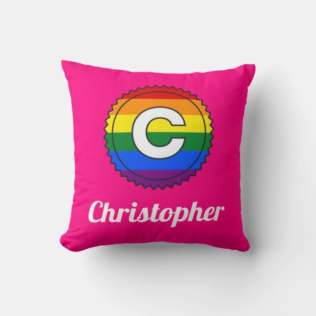 Coussin Lettre C & Nom Gay pride Rainbow Monogram - Rose (Recto)