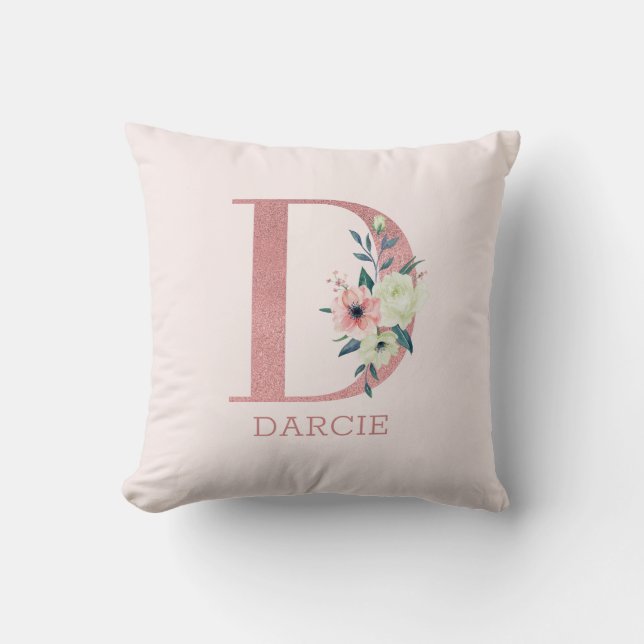 Coussin Lettre D Aquarelle rose Floral Monogram Nursery (Recto)