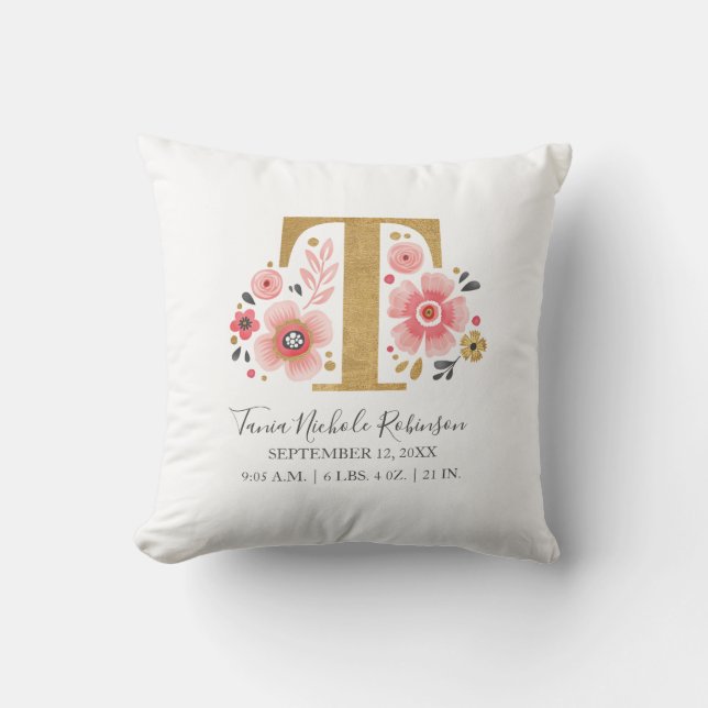 Coussin LETTRE DE MESSAGE DE NAISSANCE T Pink Floral Monog (Recto)