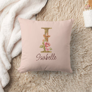 Coussin Lettre de nom personnalisée I Roses roses blush fe