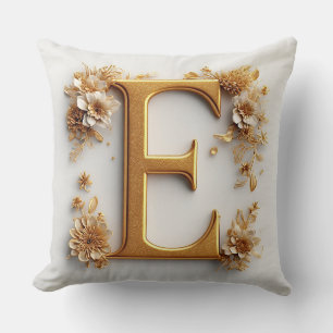 Coussin Lettre dorée E Monogramme floral Style élégant 🌸