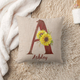 Coussin Lettre en bois de grange A & Tournesols Personnali
