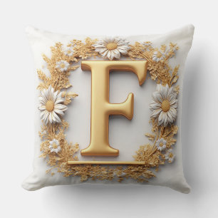 Coussin Lettre F Dorée Couronne Florale Style Personnalisé