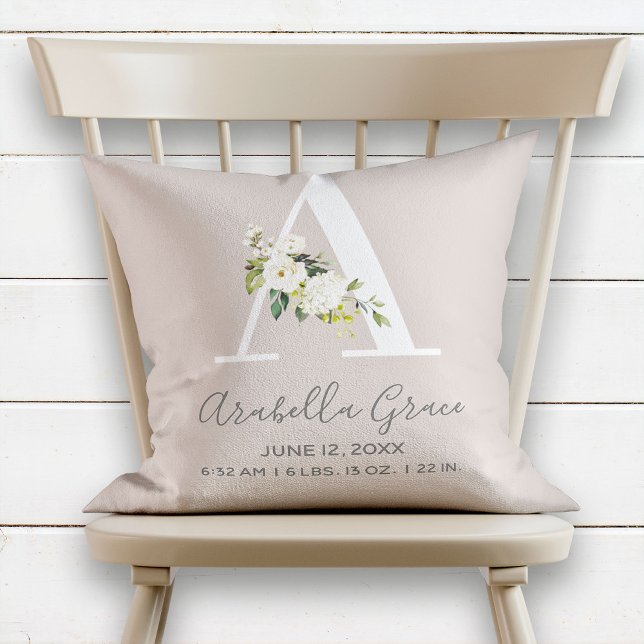 Coussin Lettre florale floue A Monogramme Bébé Statistique (Créateur téléchargé)