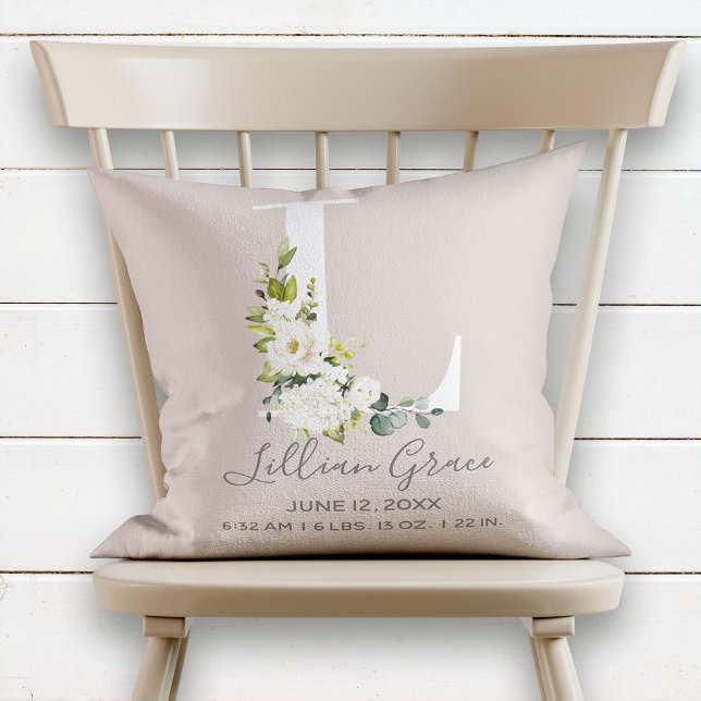 Coussin Lettre florale floue L Monogramme Chiffre de naiss (Créateur téléchargé)