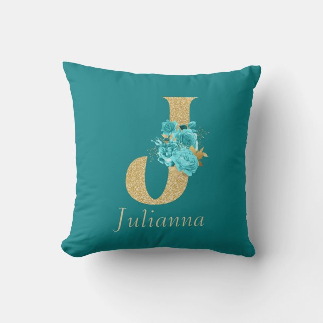 Coussin LETTRE Florale J JAUNE OR ET AquA fantaisie (Recto)