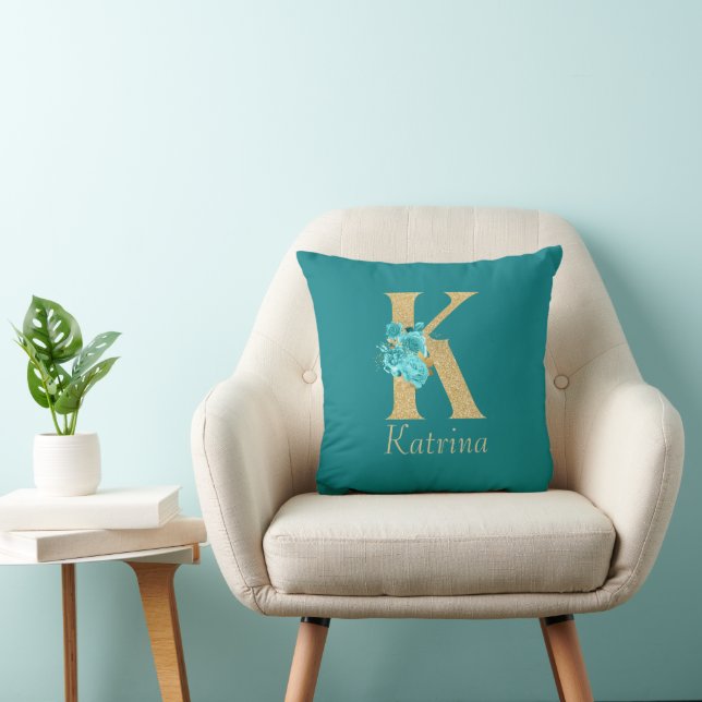 Coussin LETTRE Florale K JAUNE Or & Aqua fantaisie (Chaise)