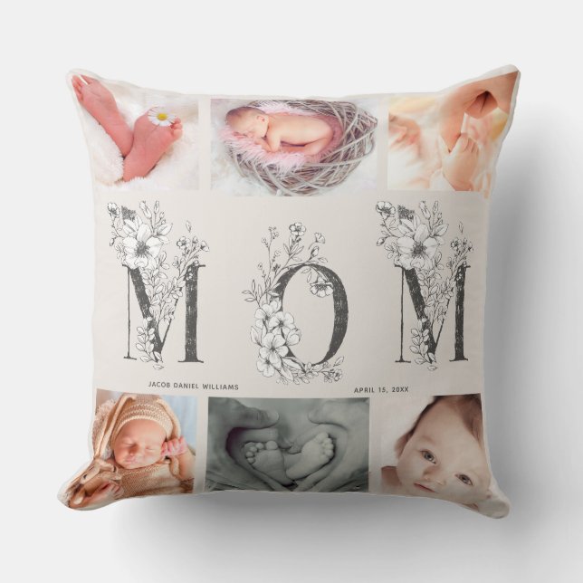 Coussin LETTRE Florale rose pâle Maman 6 Photo Fête des Mè (Recto)