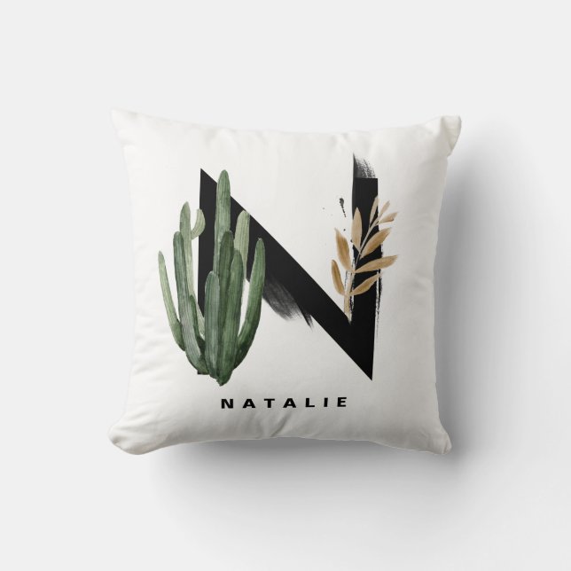 Coussin Lettre H Monogramme Boho Aquarelle Succulents (Recto)