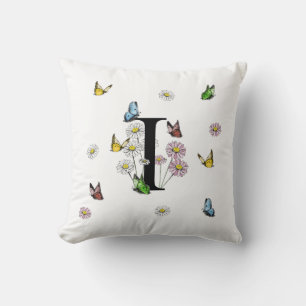 Coussin Lettre I Monogramme Papillon Floral Initial