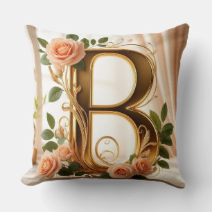 Coussin 🌷 Lettre initiale B Décor Rose Or Pêche ✨