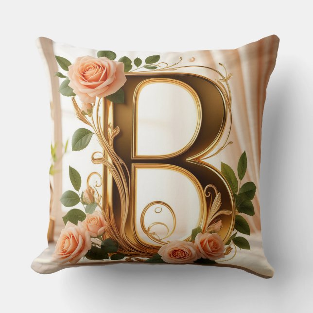 Coussin 🌷 Lettre initiale B Décor Rose Or Pêche ✨ (Recto)