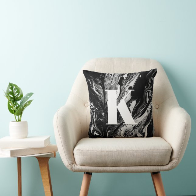 Coussin Lettre initiale Monogramme Noir noir blanc d'encre (Chaise)