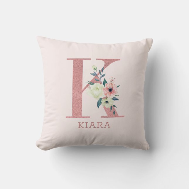 Coussin Lettre K Aquarelle rose Floral Monogram Nursery (Recto)