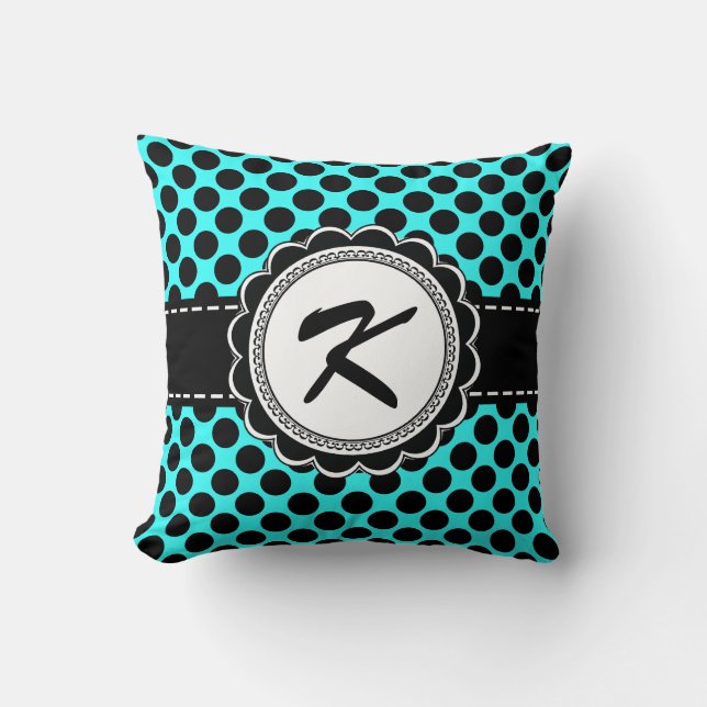 Coussin Lettre K de monogramme de pois de rose et d'Aqua (Recto)