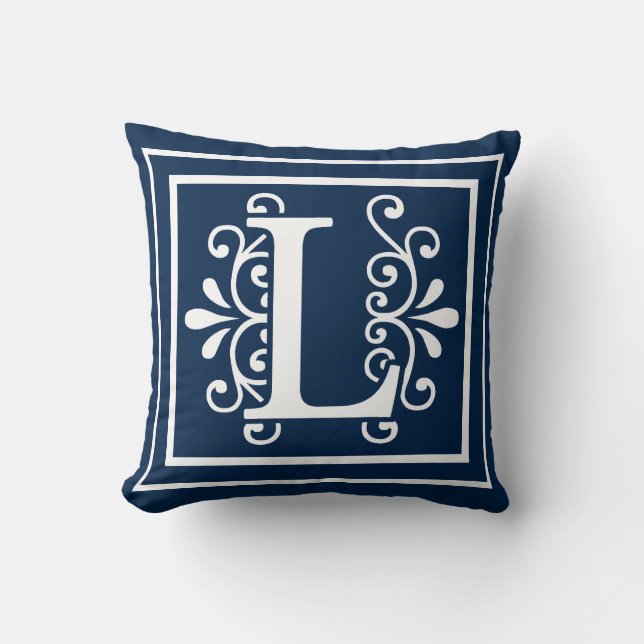 Coussin Lettre L blanc de bleu marine de monogramme (Recto)