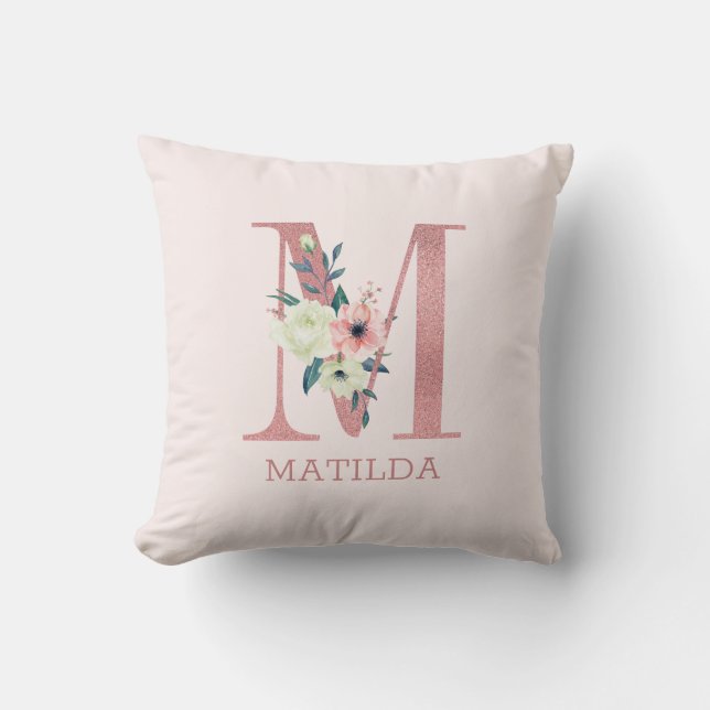 Coussin Lettre M Aquarelle rose Floral Monogramme Nursery (Recto)