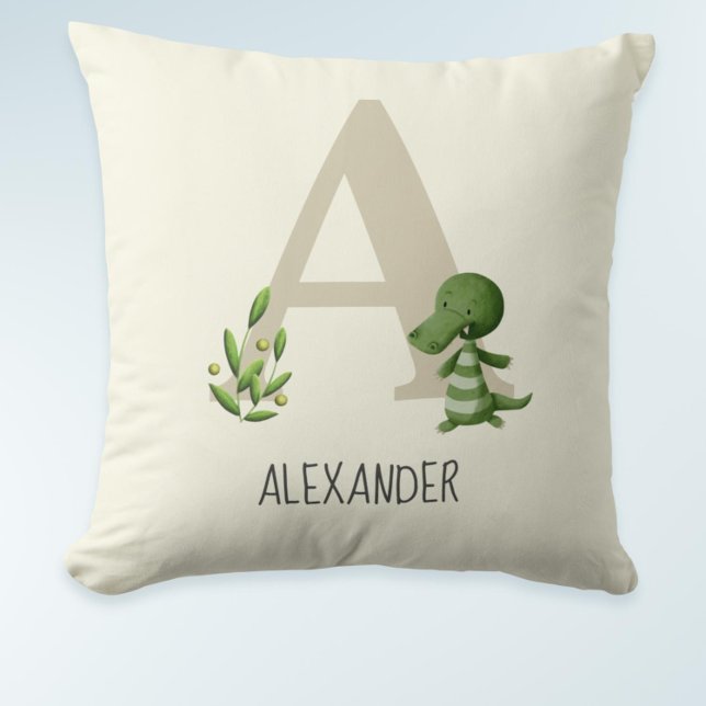 Coussin Lettre Monogramme Moderne A Alligator Nursery (Cute monogrammed letter A baby pillow with an alligator)