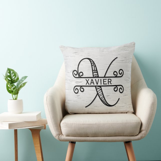 Coussin Lettre monographie X avec nom de famille (Chaise)