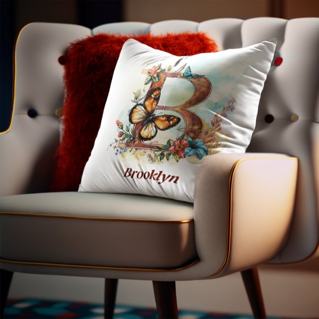 Coussin Lettre papillon floral B monogramme (Créateur téléchargé)