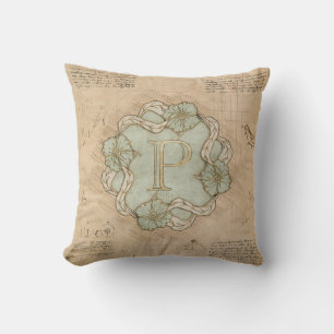 Coussin Lettre vintage artisanale P Word Art Green Gold