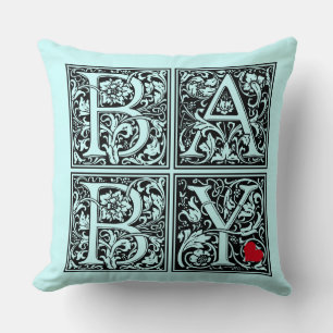 Coussin Lettre vintage "BÉBÉ" avec Petit Coeur Rouge (bleu