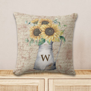 Coussin Lettre Vintage Monogramme tournesol rustique