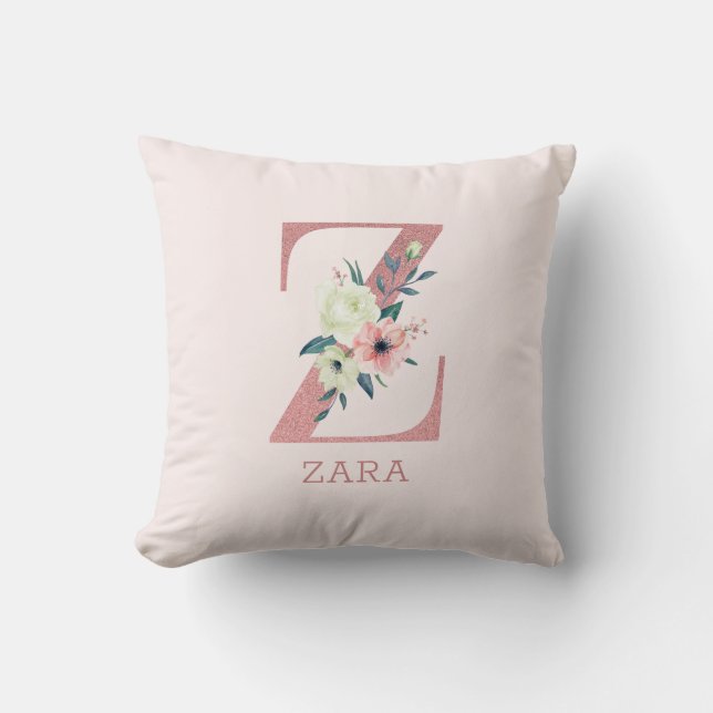 Coussin Lettre Z Aquarelle rose Floral Monogram Nursery (Recto)