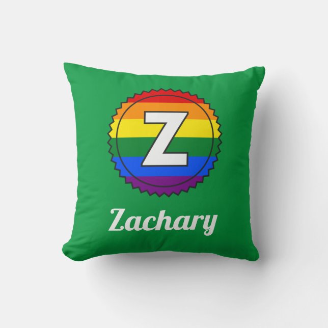 Coussin Lettre Z & Nom Gay pride Rainbow Monogram - Vert (Recto)