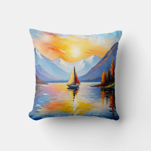 Coussin Lever de soleil sur un lac et des montagnes enneig