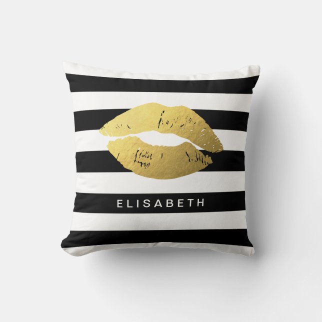 Coussin Lèvres élégantes d'or avec les rayures blanches (Recto)