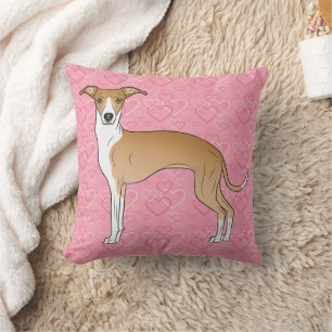 Coussin Lévrier Italien Fauve Et Blanc Sur Cœurs Roses