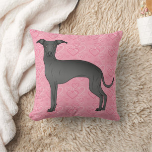 Coussin Lévrier Italien Noir Chien Mignon Sur Coeurs Roses