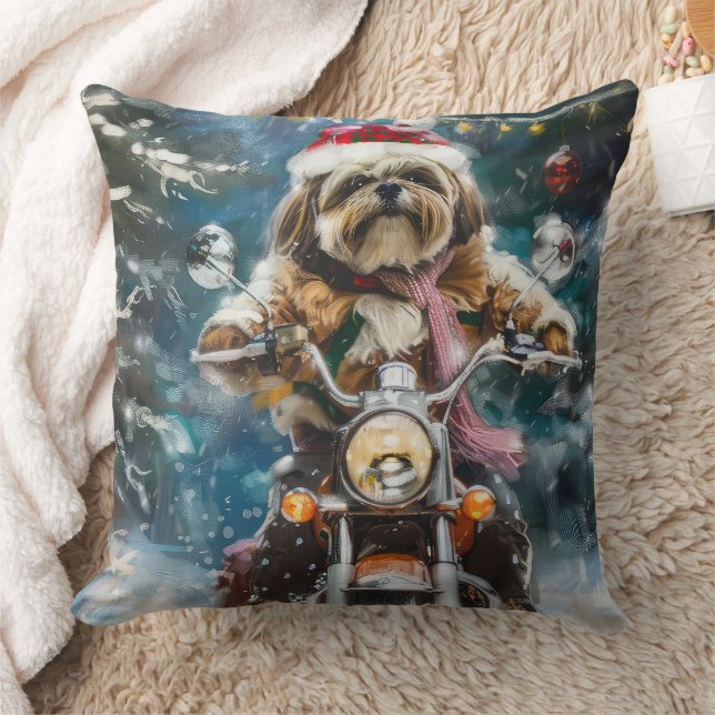 Coussin Lhasa Apso Chien à cheval Moto Noël (Couverture)