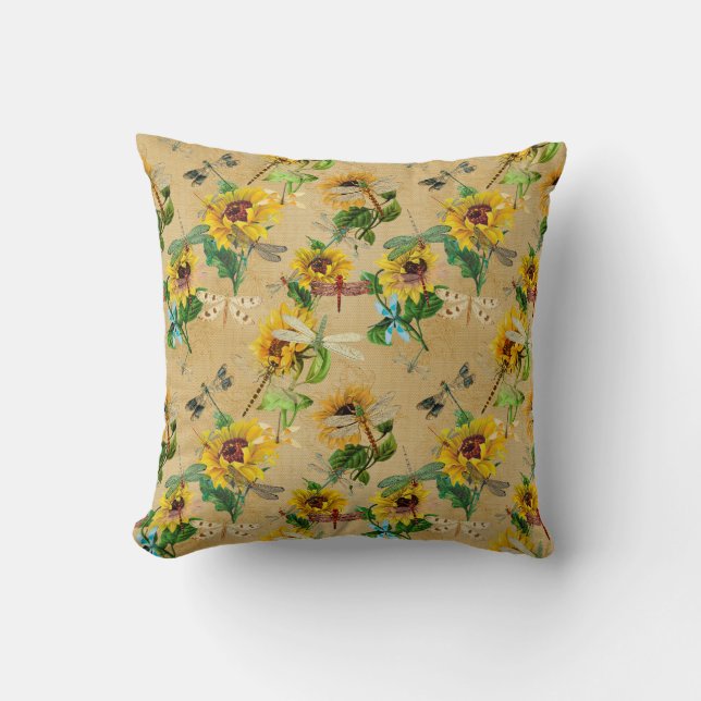 Coussin libellules et tournesols Tan vert jaune (Recto)