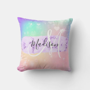 Coussin Licorne Arc-en-Ciel Cœurs Monogramme Coloré Fémini