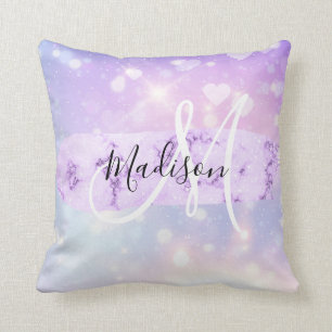 Coussin Licorne Arc-en-ciel Cœurs Pailletés Monogramme Fém